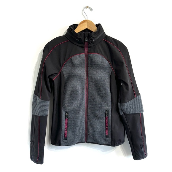 Harley-Davidson Mixed Media Textured Knit Jacket full zip stow hood black grey - Picture 1 of 11
